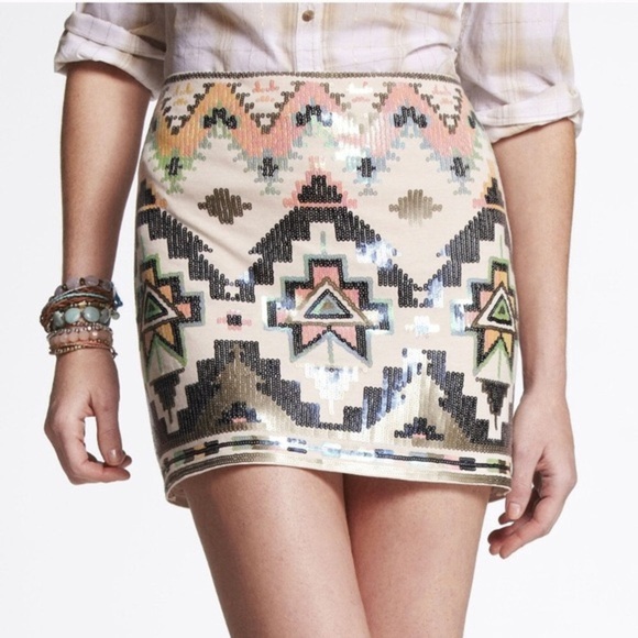 Express Aztec Print Sequin Mini Skirt, Size M - Picture 3 of 9